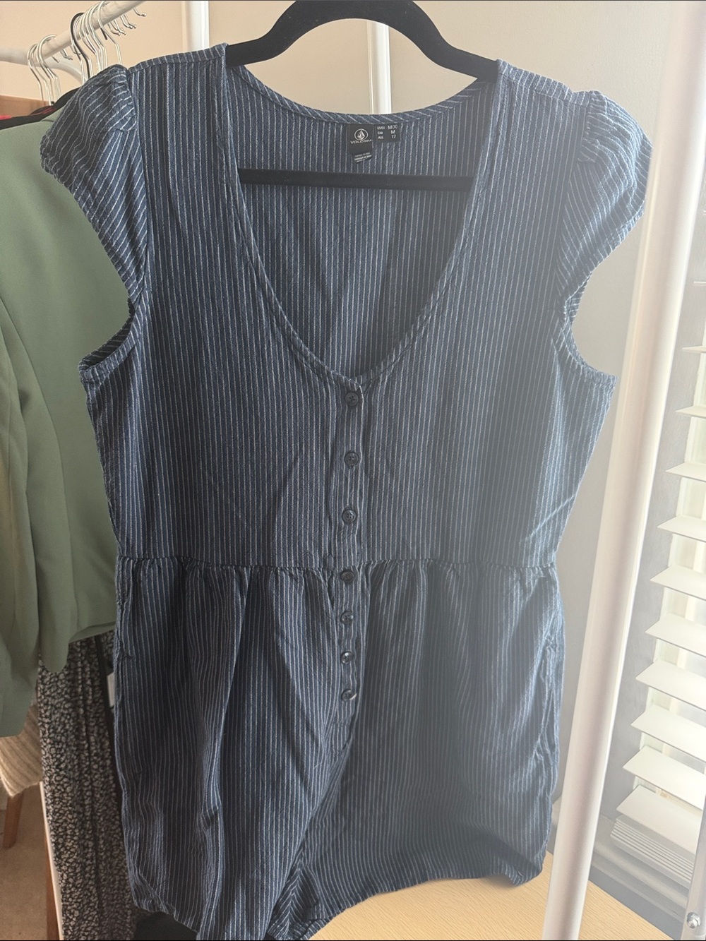 Volcom Navy Pinstripe Button Romper